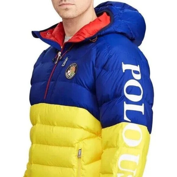 Polo Ralph Lauren Puffer Jacket Down Fill Glacier Hooded Yellow Blue - Picture 2 of 16